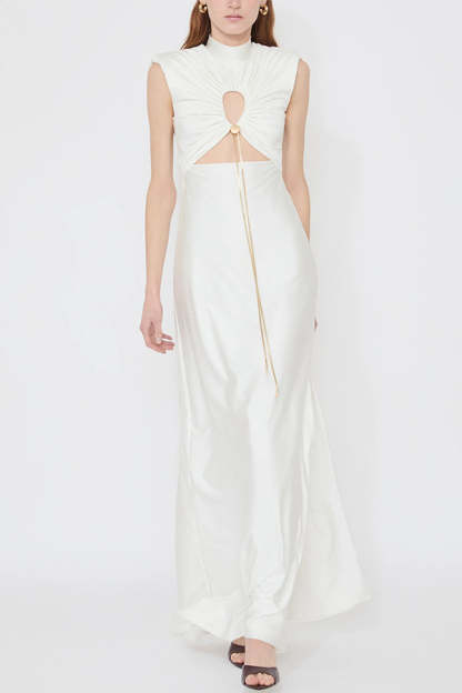 Genis Hollow Elastic Bust High Neck Sleeveless Gathered Maxi Dress-consonak