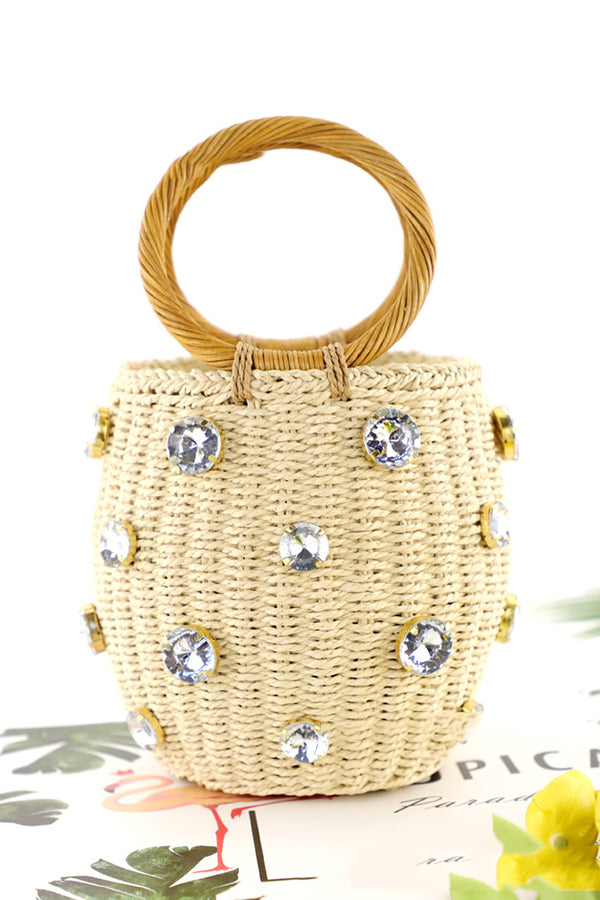 Fashionable Imitation Rhinestone Embellished Casual Barrel Rattan Bag-consonak