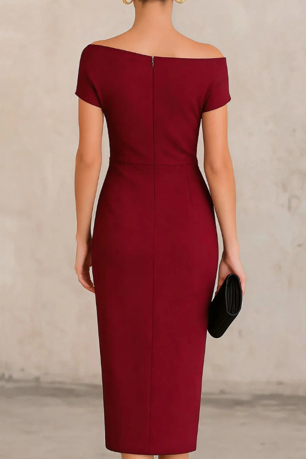 Solid Color Short-sleeved Fitted Waist Pleated Elegant Midi Dress | Consonak