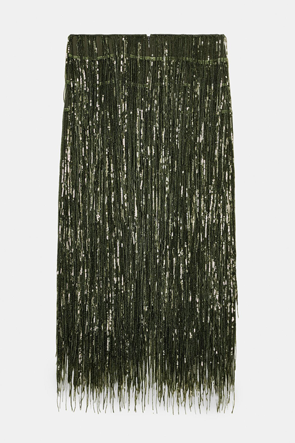 Party Crasher Layered Sequined Tassels High Rise Back Zipper Midi Skirt