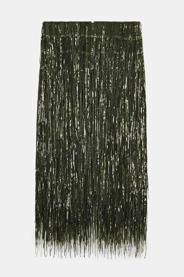 Party Crasher Layered Sequined Tassels High Rise Back Zipper Midi Skirt