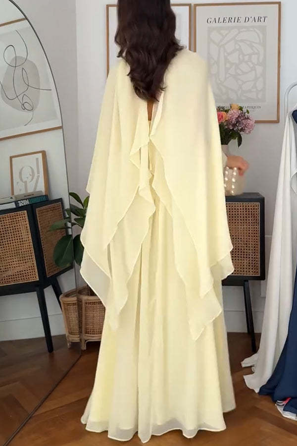 Spring Enchantment Chiffon Crinkle Cross Front Drape Scarf Maxi Dress