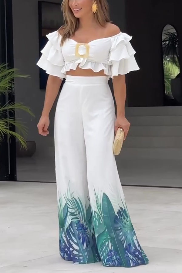Sexy Off Shoulder Top and High Waisted Wide Leg Printed Pants Suit-consonak