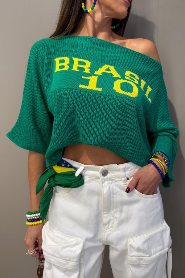 World Cup Letter Jacquard Loose-fitting Sloping Shoulders Cropped Knit Top