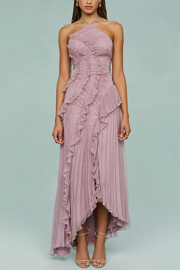 Dream Ode Lily Pad Style Pleats and Ruffles Halter Gown Maxi Dress-consonak