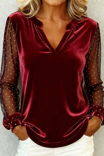 Solid Color Velvet Patchwork Sheer Long-sleeved Casual V-neck Top-consonak