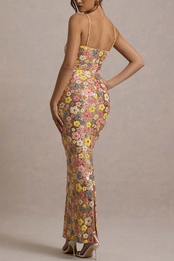 80's Inspired Floral Print Sequin Square Neck Slip Stretch Maxi Dress | Consonak