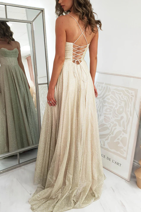 Cinderella Glitter Tulle Fabric Cowl Neck Back Lace-up Pocketed Slit Maxi Dress-consonak