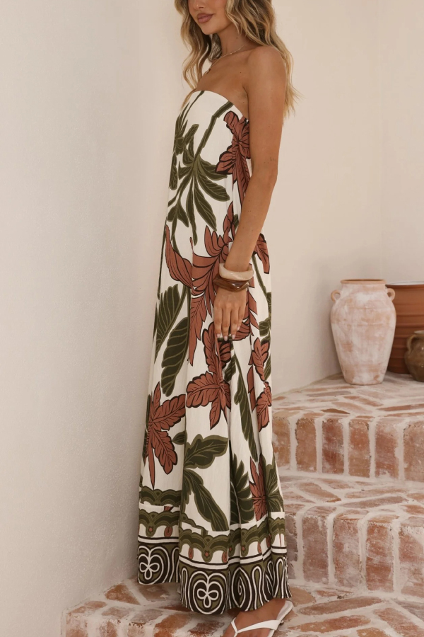 Botanical Print Sleeveless Off-shoulder Resort-style Loose Maxi Dress-consonak