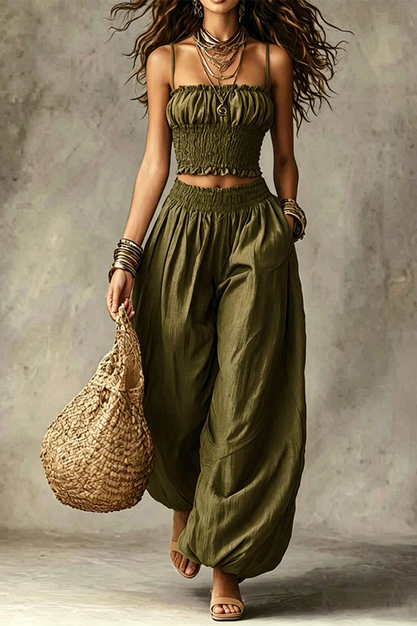 Olive Gypsy  pleated crop top and high-waisted wide-leg pants set-Consonak