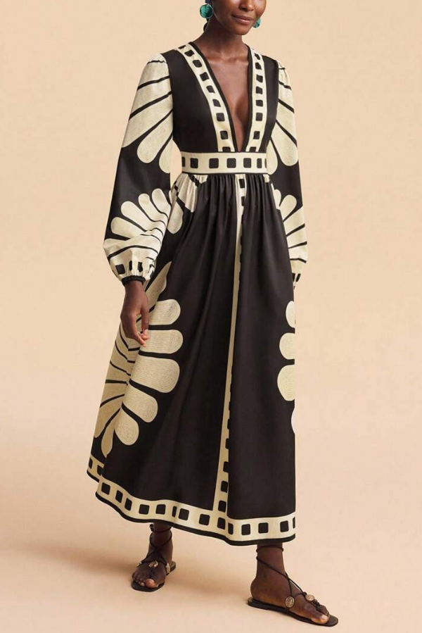 Unique Print V-Neck Long Sleeve Casual Vacation Maxi Dress