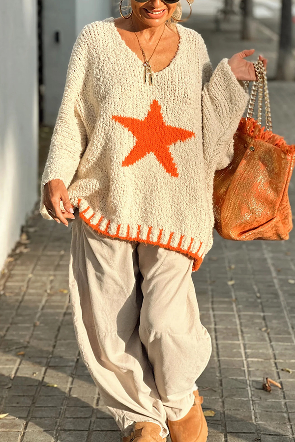 Warm Winter Day Texture Knit Star Pattern Contrast Color Loose Sweater-consonak
