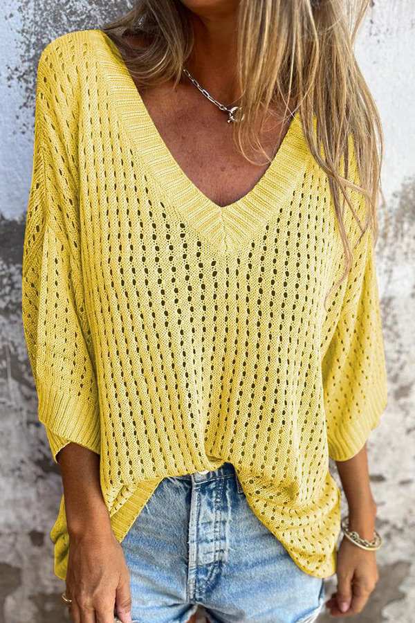 Fashionable Hollow V-neck Long-sleeved Casual Loose Knitted Top-consonak