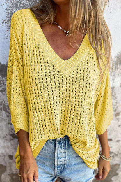 Fashionable Hollow V-neck Long-sleeved Casual Loose Knitted Top-consonak