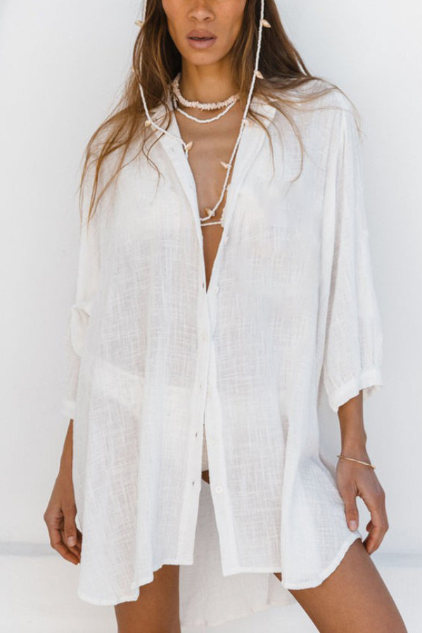 Solid Color Loose Long-sleeved Hollowed-out Long Cover-up Shirt-consonak