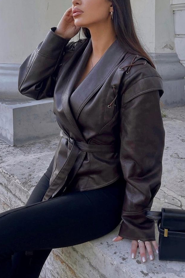 Street Warrior Faux Leather Distressed Style Lace-up Lapel Belt Oversized Jacket-consonak