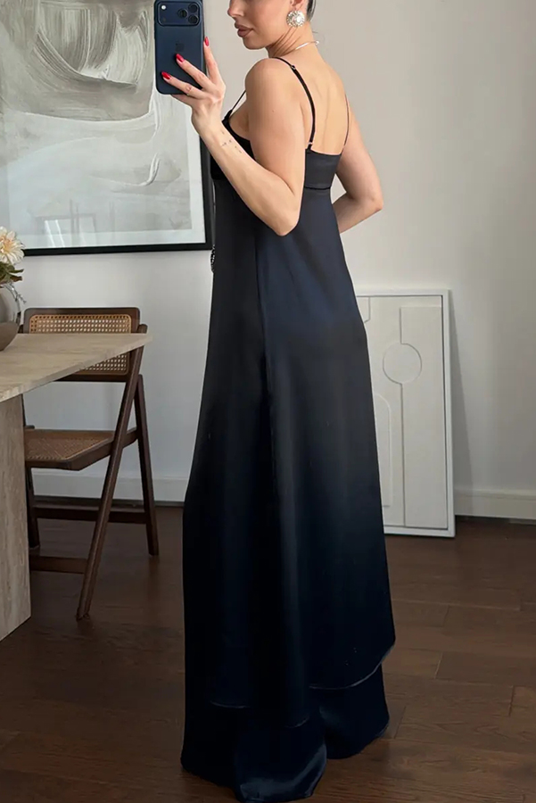 Giselle Satin Front Button Cutout Slit Midi Top and Elastic Waist Loose Pants Set