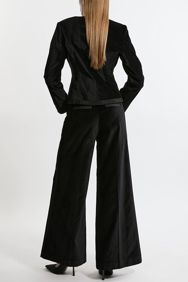 Cue The Cocktails Velvet Grosgrain Detail Pocketed Wide Leg Pants-consonak