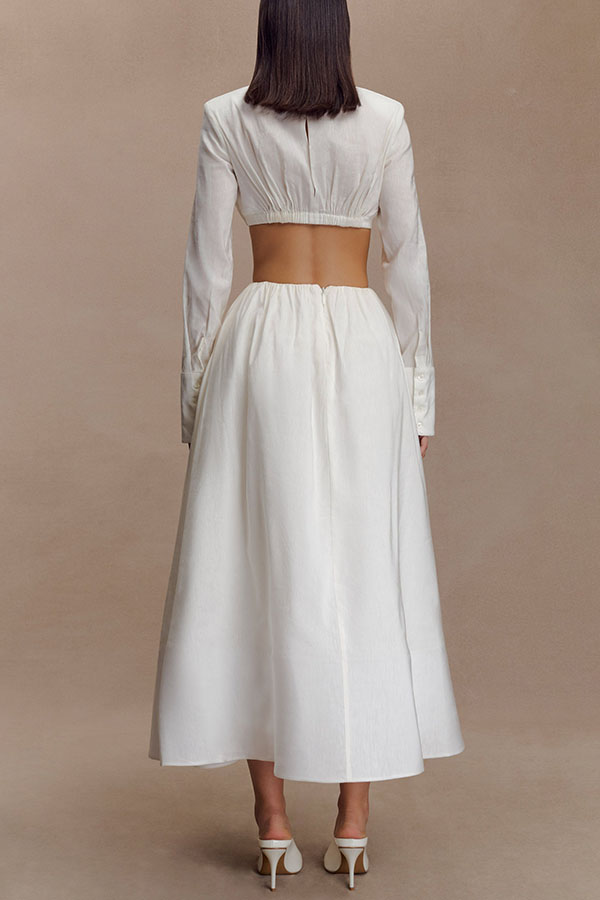 Greta Linen Blend Bra-style Gathered Long Sleeve Crop Shirt and Mid Rise Pocket Umbrella Skirt Set-consonak