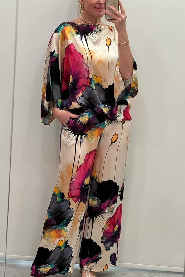 Satin Botanical Print Crew Neck Casual Top and Elastic Waist Loose Pocket Pants Set-consonak