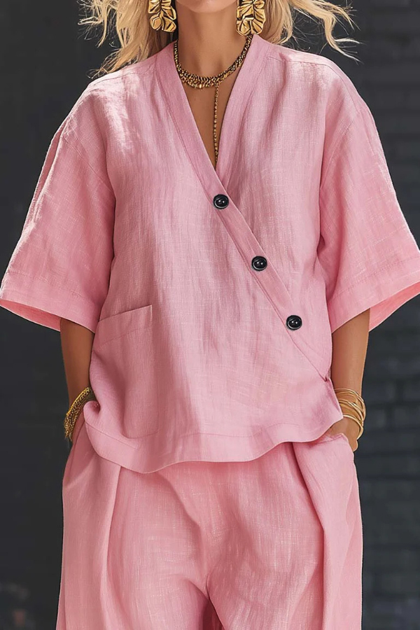 Linen Blend Solid Color V-neck Short-sleeved Loose Top and Elastic Waist Pocket Casual Pants Set