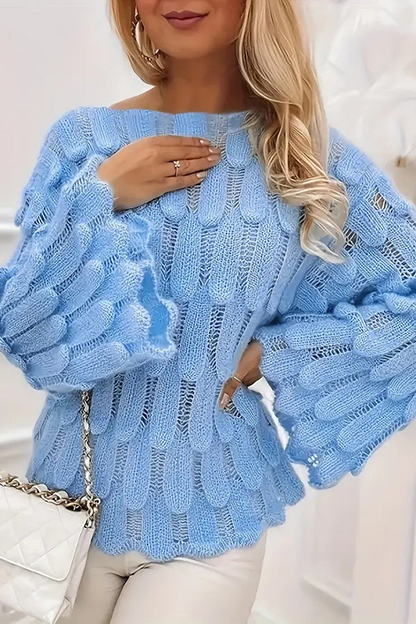 Elegant Feather Hollow Loose Bell Sleeve Knitted Sweater-consonak