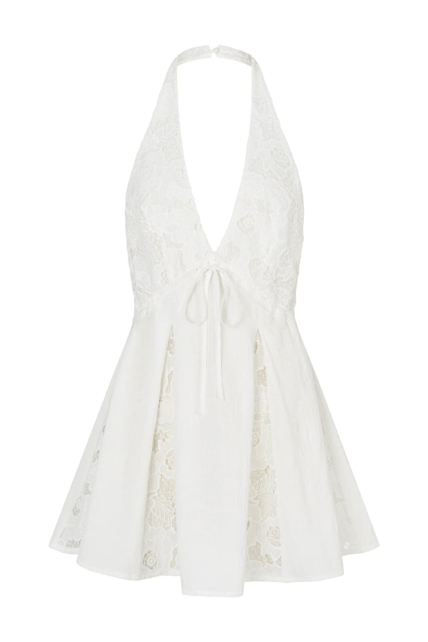 Stylish Lace Patchwork V-neck Backless Elegant Mini Dress-consonak