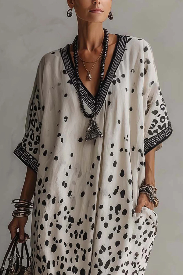 Unique Print V-Neck Half Sleeve Loose Casual Maxi Dress | Consonak