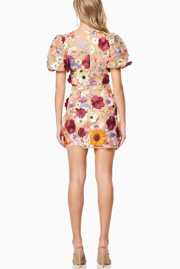 Garden Gala Embroidered Floral Applique Puff Sleeve Mini Dress-consonak