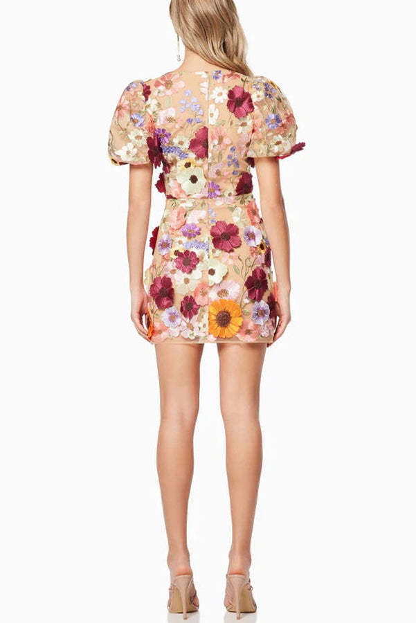 Garden Gala Embroidered Floral Applique Puff Sleeve Mini Dress-consonak