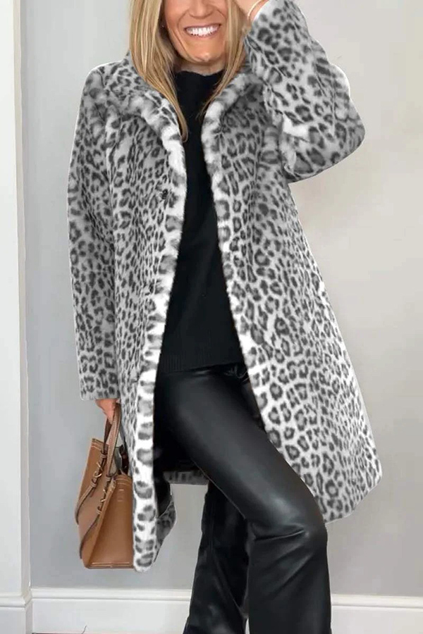 Leopard Print Lapel Long Sleeve Mid-length Plush Coat-consonak