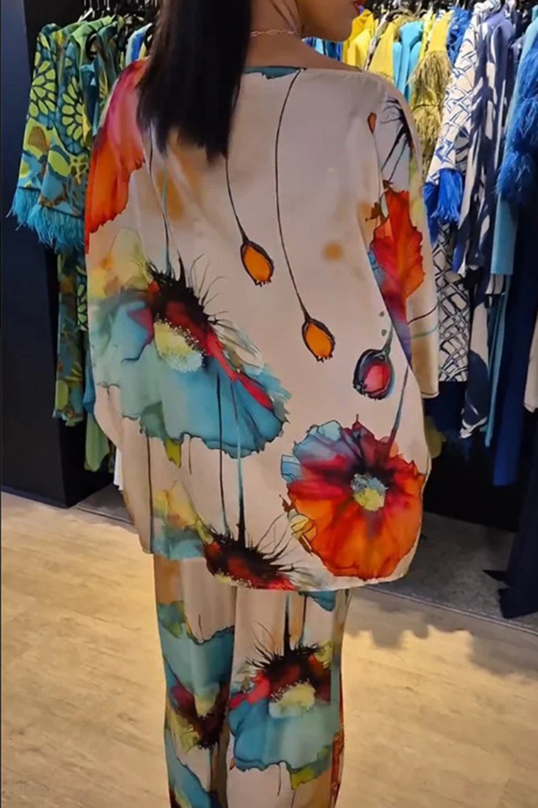 Satin Botanical Print Crew Neck Casual Top and Elastic Waist Loose Pocket Pants Set-consonak