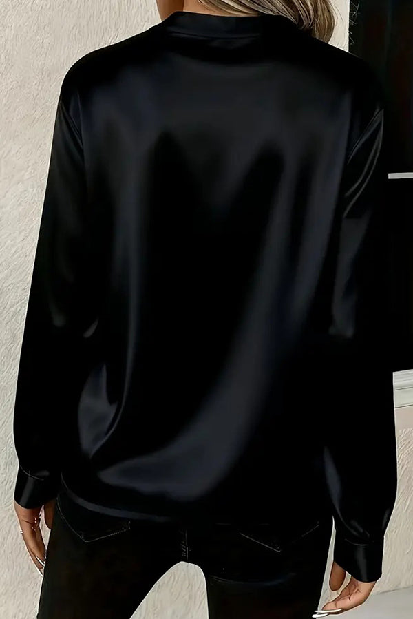 Solid Color Satin Loose V-neck Long-sleeved Casual Shirt-consonak