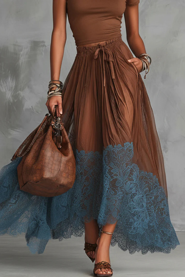 Stylish Round Neck Short-sleeved Fitted Top and Elastic Waist Pockets Lace Hem Maxi Skirt Set-Consonak