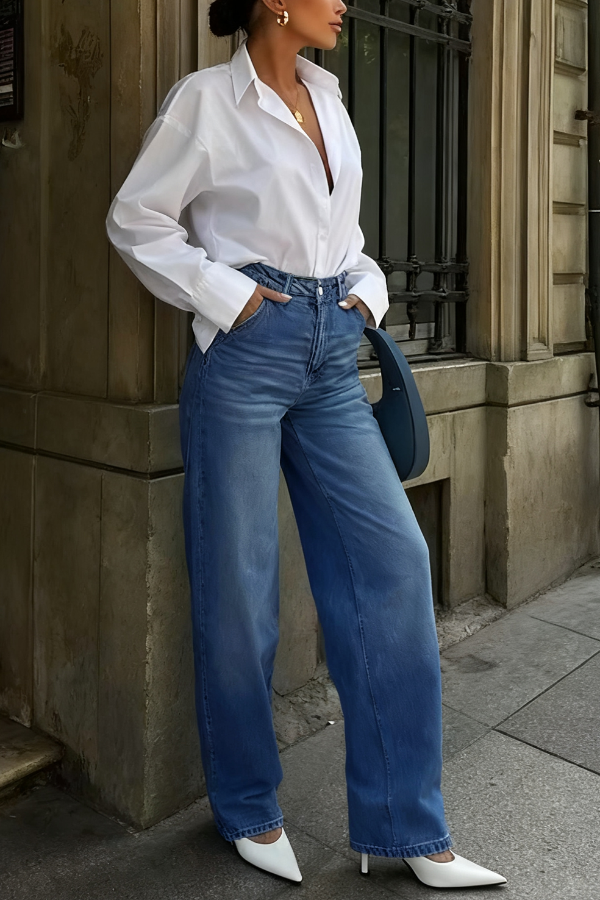 Stylish Pocket Casual Straight Wide Leg Women's Jeans-consonak