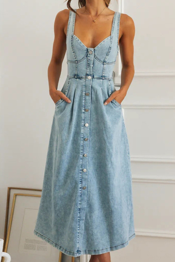 Stylish Single-breasted Fitted Waist Gathered Back Denim Maxi Dress | Consonak