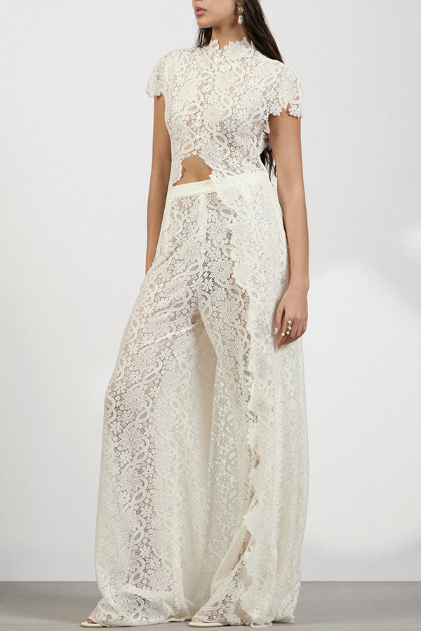 Elegance Avant-garde Floral Lace Short Sleeve High Low Top and High Rise Wide Leg Pants Set-consonak