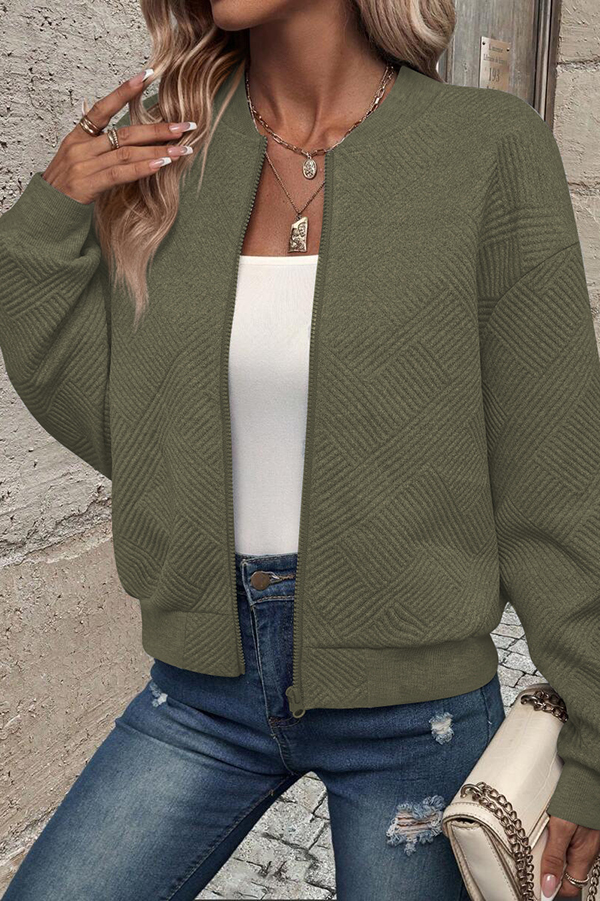 Solid Color Zippered Round Neck Long Sleeve Casual Jacket-consonak