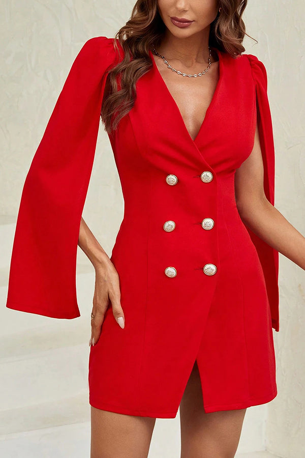 Solid Color V-neck Waist Double-breasted Elegant Mini Dress-consonak