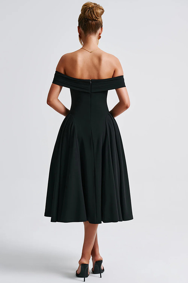 Princess Temperament Batdot Neck Pleat Detail Midi Dress-consonak
