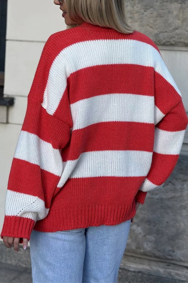 Casual V-neck Long-sleeved Striped Pocket Knitted Cardigan-consonak