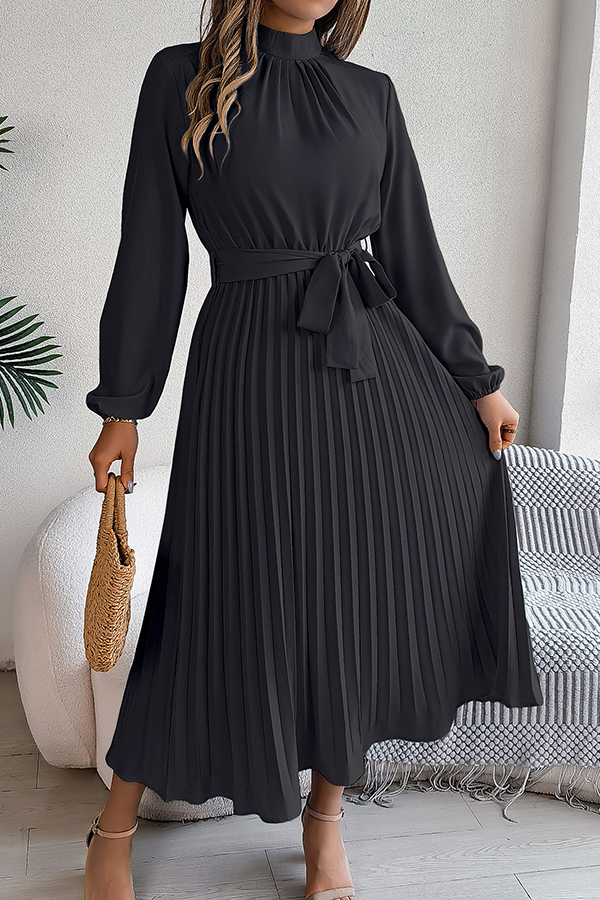 Elegant Stand-collar Long-sleeve Waisted Tie-up Pleated Midi Dress-consonak