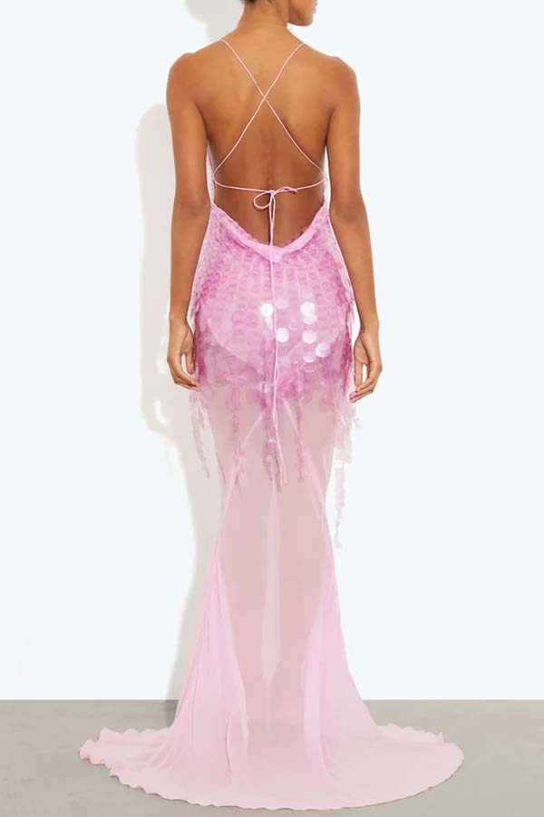 Perfect Night Sequin Embroidery Backless Drape Tulle Hem Slip Maxi Dress | Consonak
