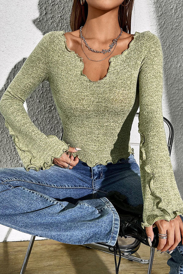 Solid Color V-neck Flared Long-sleeved Fitted Top-consonak