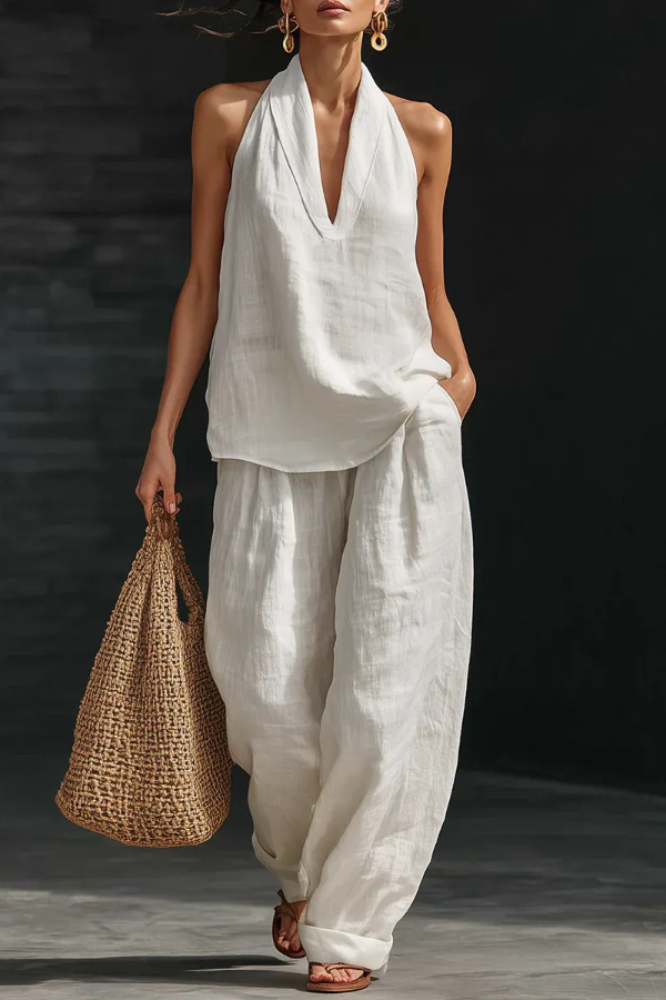 Linen Blend Solid Color V-neck Sleeveless Loose Top and Elastic Waist Casual Pocket Pants Set-Consonak