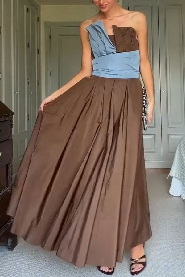 Modern Structured Color Block Off Shoulder Pocket Umbrella Hem Maxi Dress