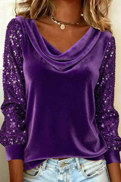 Stylish Velvet Sequin Patchwork Long-sleeved Casual Top-consonak