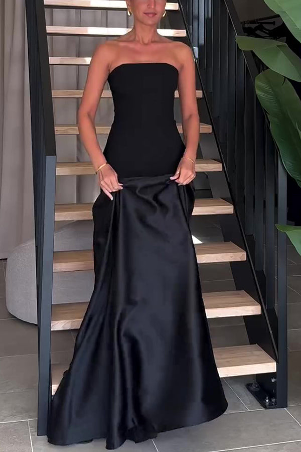 Timeless Elegance Satin Patchwork Strapless Flare Gown Maxi Dress | Consonak
