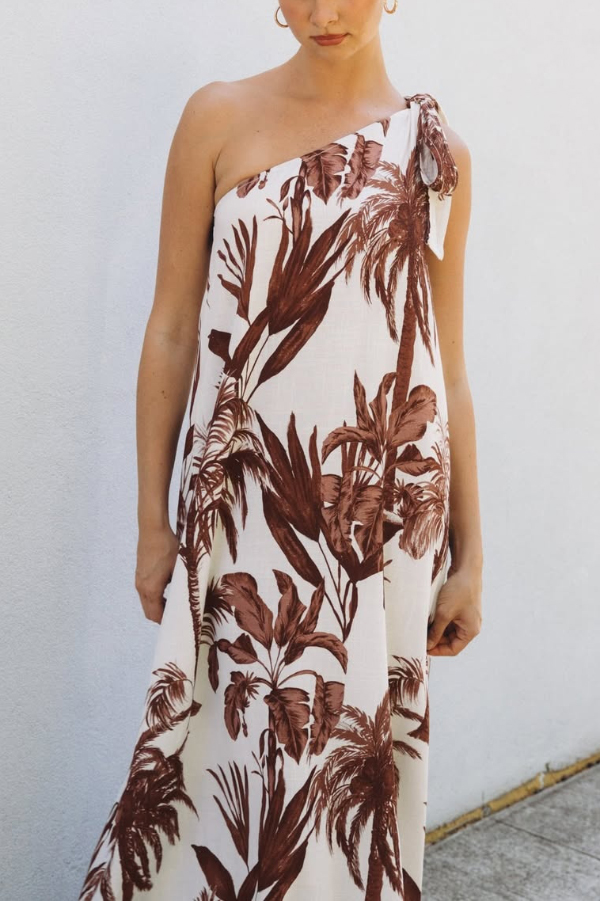 Botanical Print Sleeveless One-shoulder Casual Vacation Maxi Dress-consonak