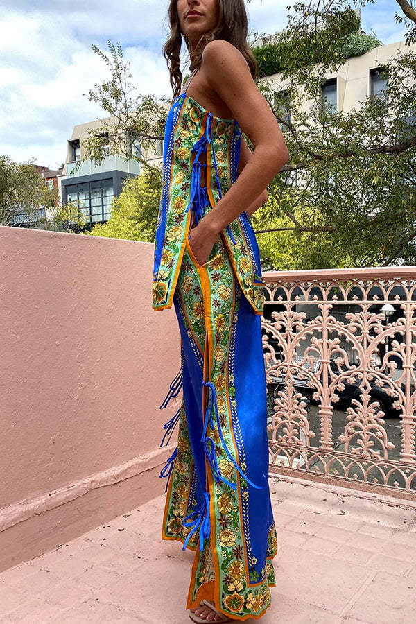 Nara Satin Unique Print Side Lace-up Tank and Elastic Waist Pocketed Wide Leg Pants Set-consonak